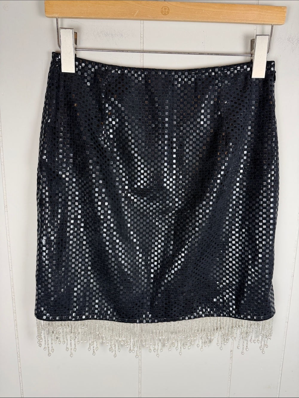 Vintage Linda Segal Bead Pearl Embelished Black Shiny Fringe Mini Skirt Size XS